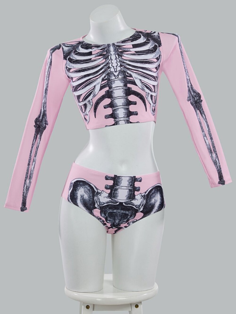 Women’s Pink Skeleton Print Long Sleeve Swim Set
